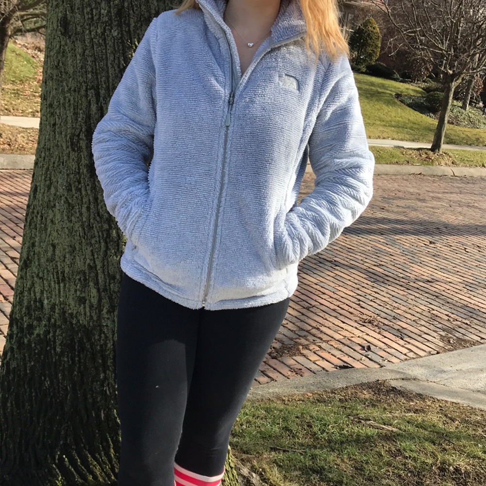 Grey/ silver furry north face jacket